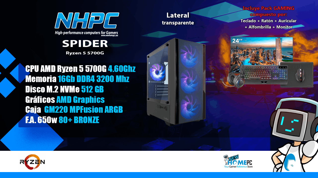 Combo! Pc Gaming NHPC Spider - Ryzen 5 5600GT - 16Gb - M2 512GB